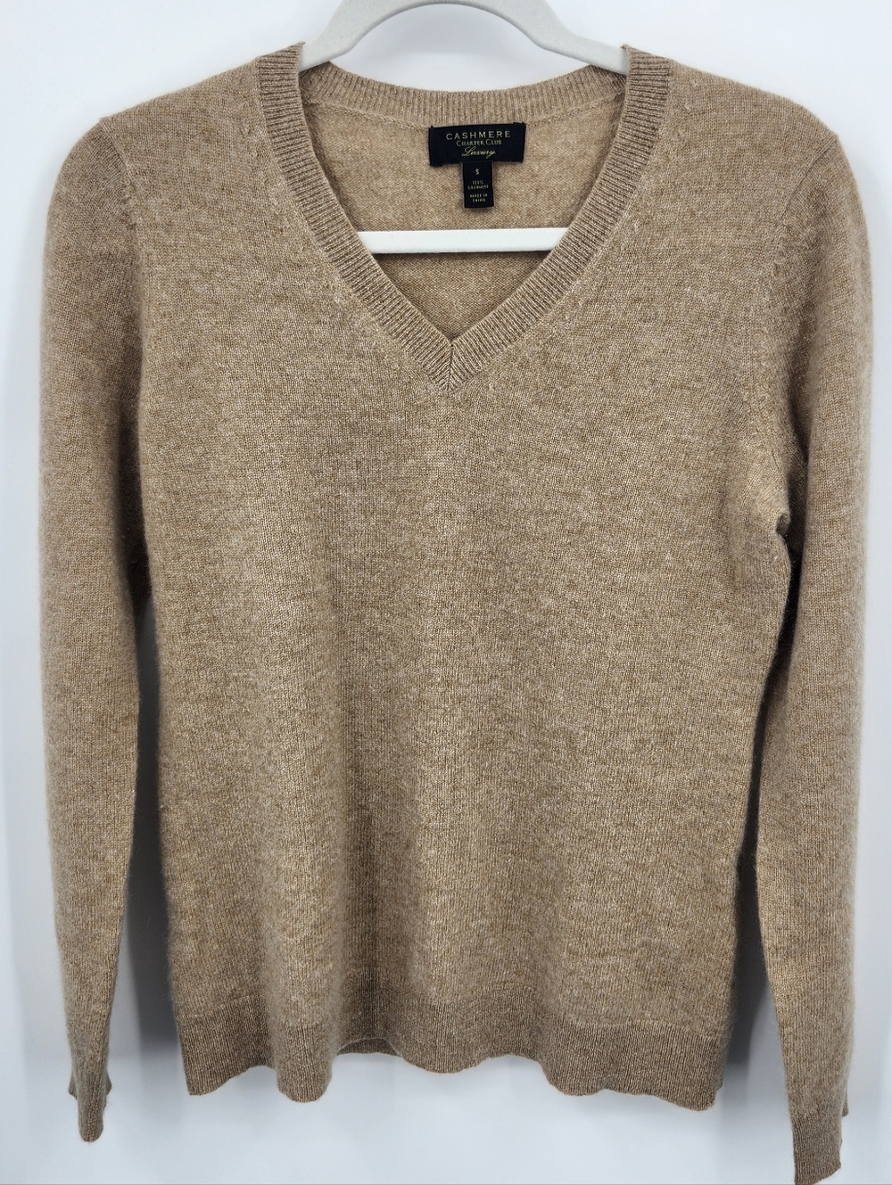 Charter Club Luxury 100% Cashmere V-neck Sweater Tan Beige Sz S